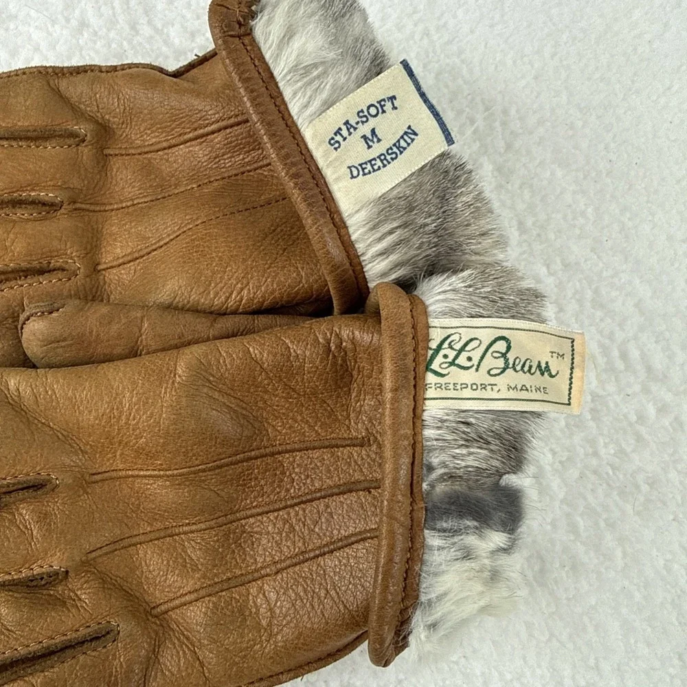 Vtg LL Bean Womens Tan Deerskin Gloves Sta-Soft Rabbit Fur Lined Small-Med